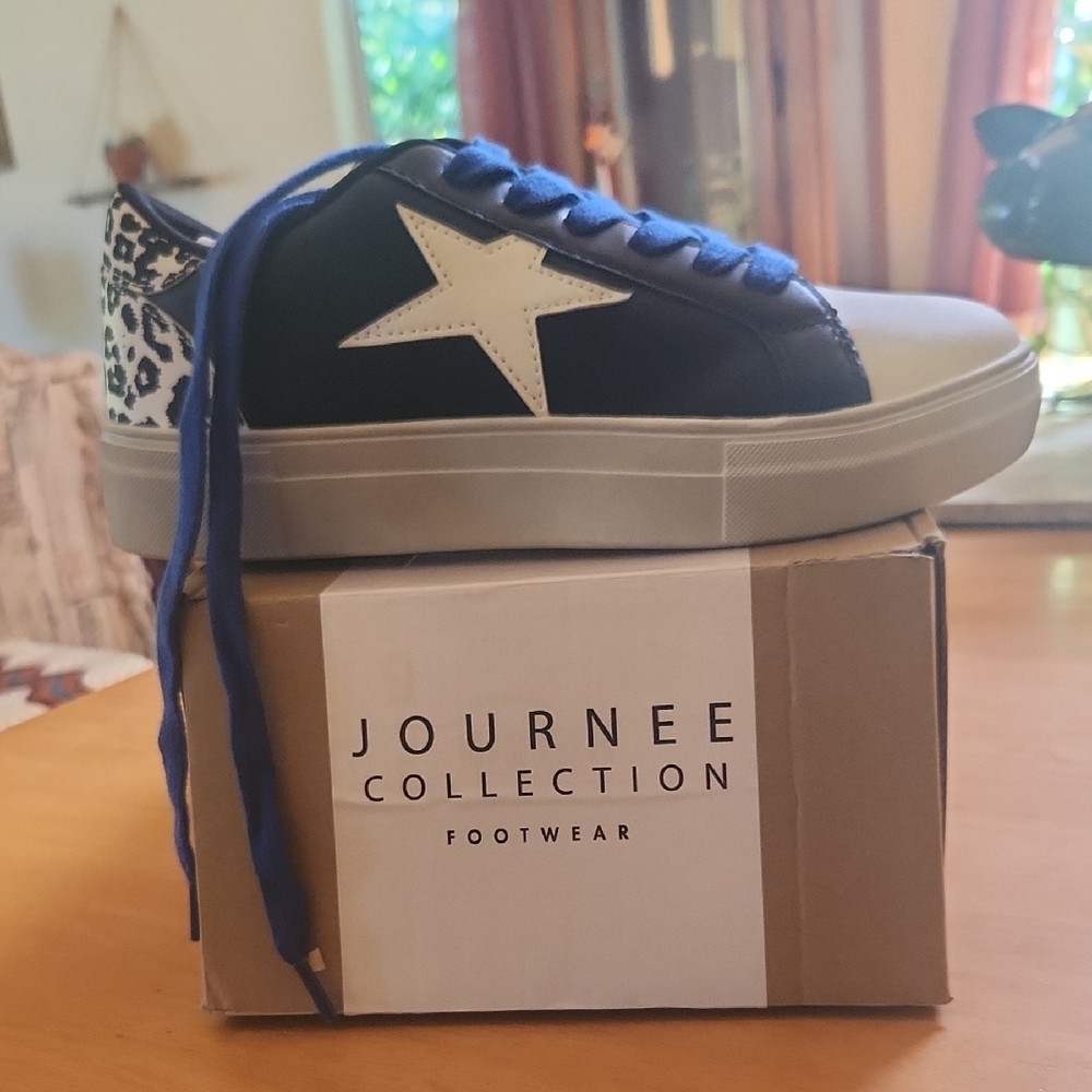 Journee Collection Black and White Sneakers with Blue Laces